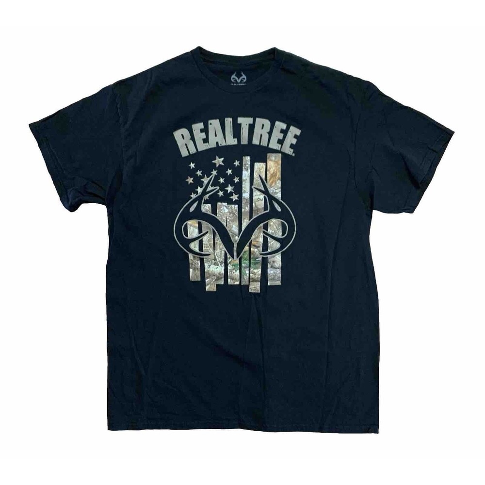 REALTREE Size XL Men’s T-shirt Black With CAMOUFLAGE Flag & Antlers  EUC